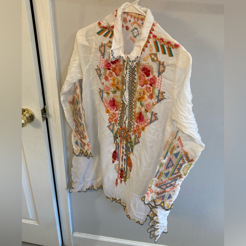 Johnny Was Size Small White Georgette Festival Tunic Embroidered Bohemian - Picture 3 of 8